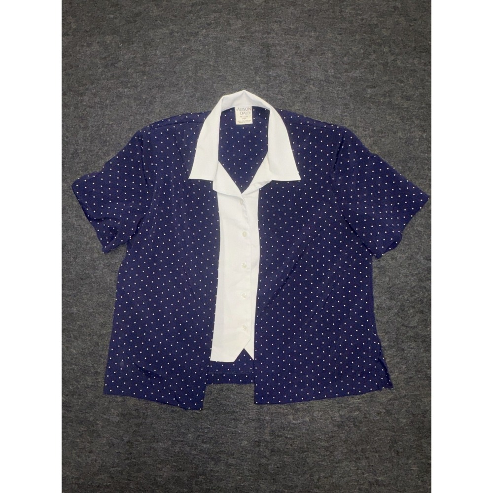Allison Daley Blouse Top Womens 14 Petite Blue White Polka Dot Side Slit‎ Beach